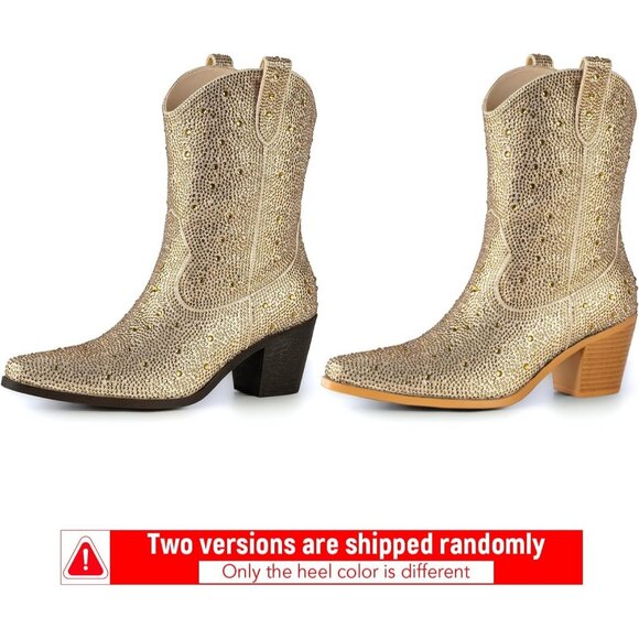 Gold Women Rhinestone Cowboy Boots Pointed Toe Mid Calf Sparkly Block Heel - Picture 2 of 4
